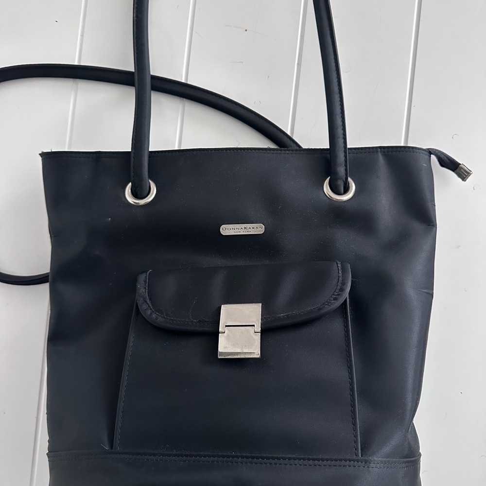 Vintage DKNY Black Nylon Shoulder Bag with Front Flap Pocket